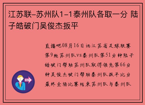 江苏联-苏州队1-1泰州队各取一分 陆子皓破门吴俊杰扳平